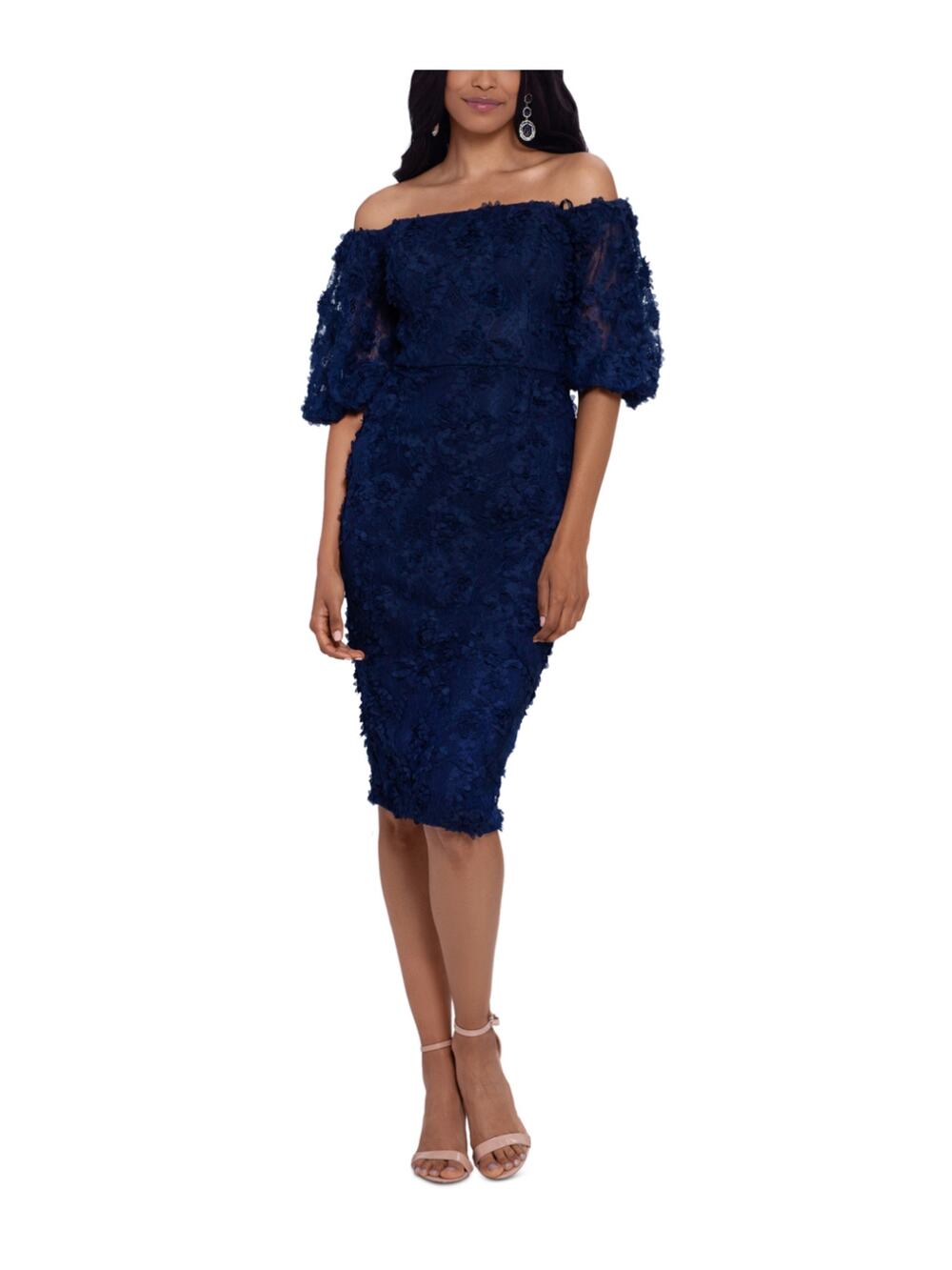XSCAPE Navy Blue Cocktail Dress 3D Floral Lace Off the Shoulder Sheath Size 6
